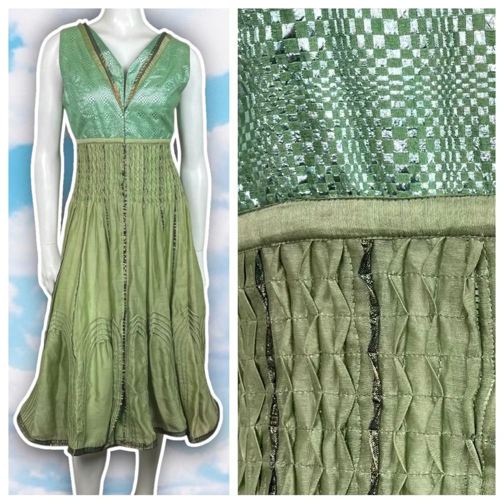 VIRTUES Vintage Empire Waist Metallic Fairy Grunge Circle Skirt Midi Dress Boho - Picture 1 of 15